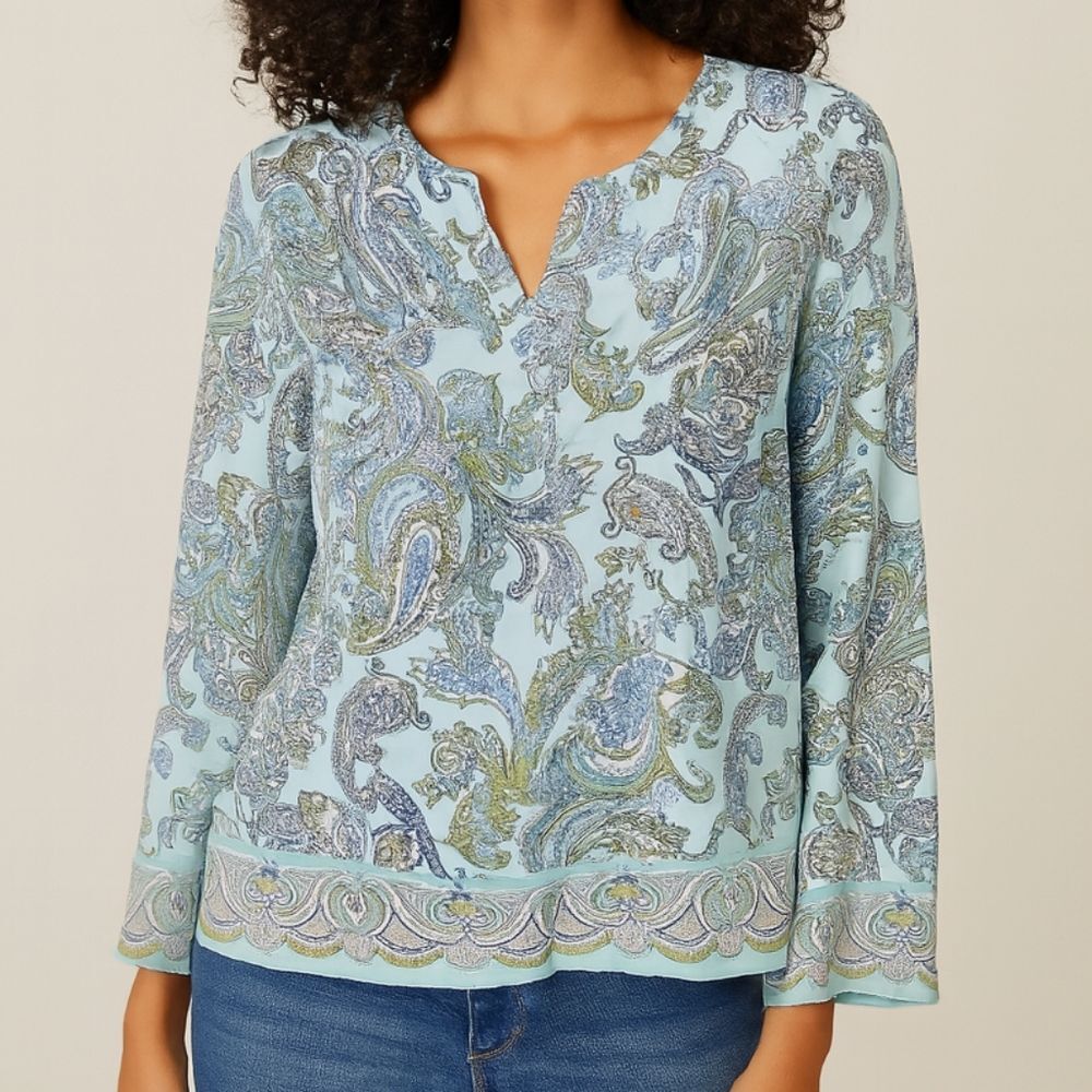 Talbots Paisley Printed Chambray Top Small Petite Pastel Blue
